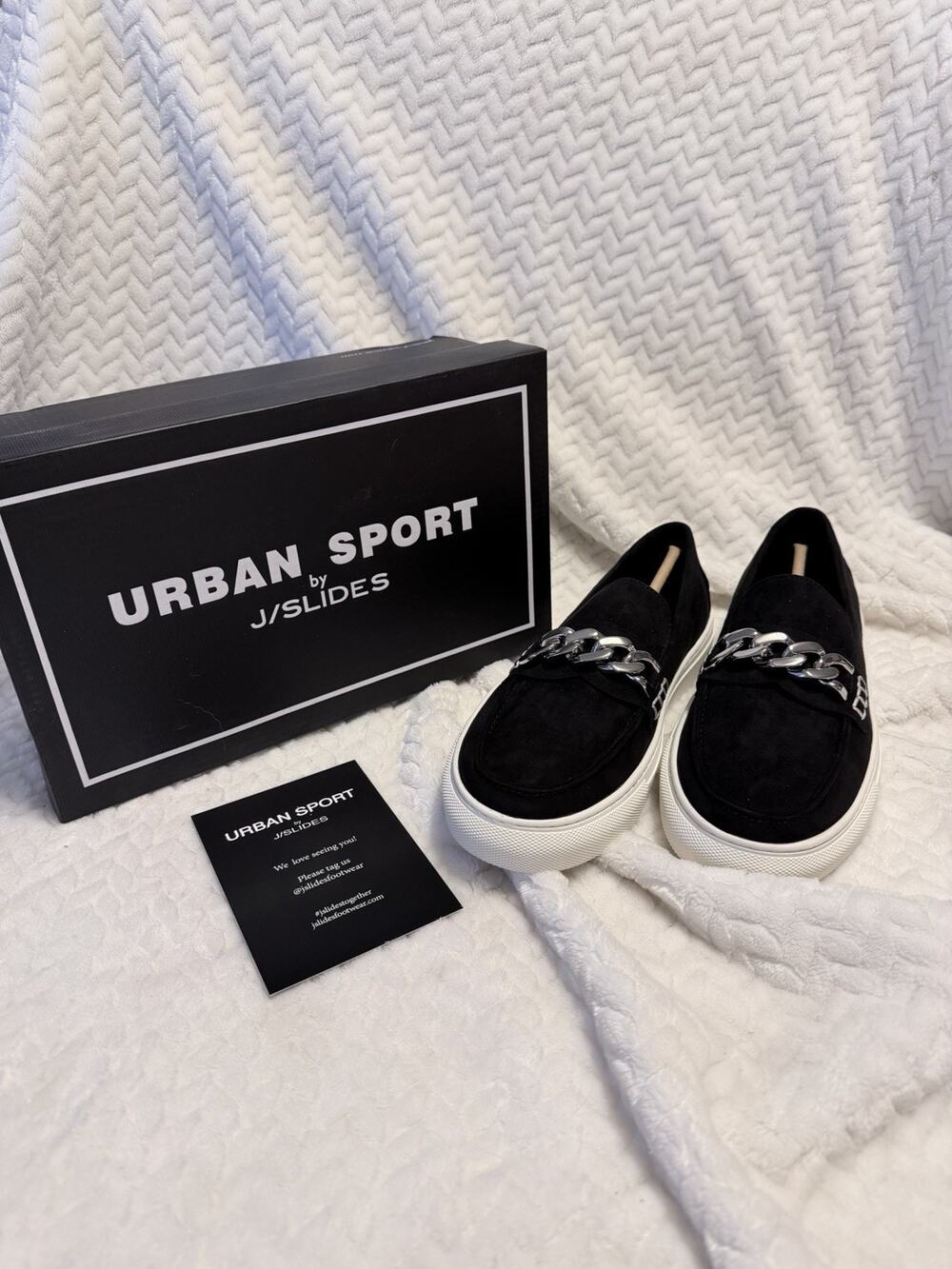Urban Sport JSlide Lanna Slip On Silver Buckle Loafer Black Suede 7.5